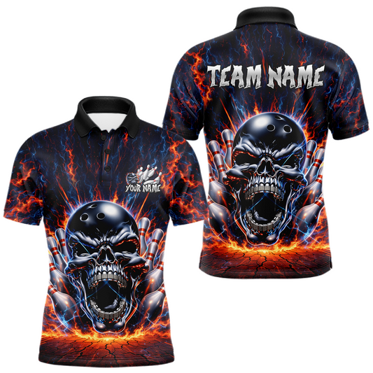 Maxcorners Custom Skull Bowling Jersey for Men - Flaming Strike Personalize Bowling Team Shirt Polo & 1/4 Zip