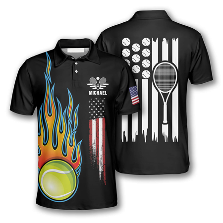 Maxcorners Tennis Ball Flame American Flag Custom Polo Tennis Shirts