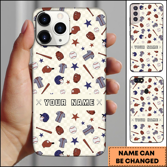 Maxcorners Baseball Equipment Pattern and Checkered Background Personalized 3D Phone Case