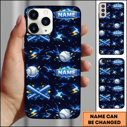 Maxcorners Baseball Blue Lightning and Crossed Bats Pattern Personalized 3D Phone Case