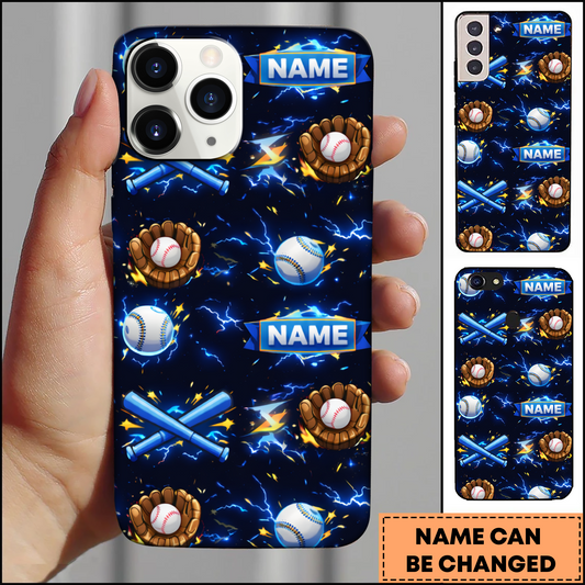 Maxcorners Baseball Blue Lightning with Glove and Ball Pattern Personalized 3D Phone Case