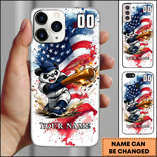 Maxcorners Baseball Hitting Panda USA Flag Grunge Personalized 3D Phone Case