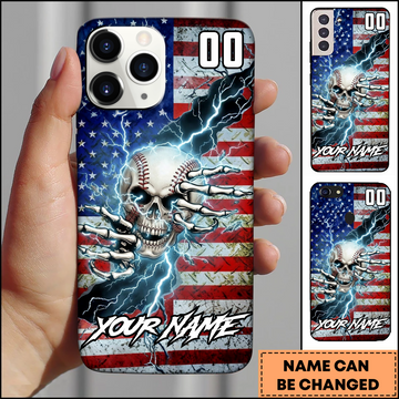 Maxcorners Baseball Skull Skeleton Hands Lightning USA Flag Personalized 3D Phone Case