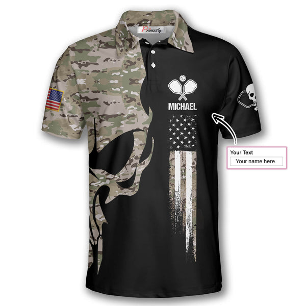 Max Corner Personalized Name and Team name Skull Camouflage American Flag Pickleball 3D Polo Shirt