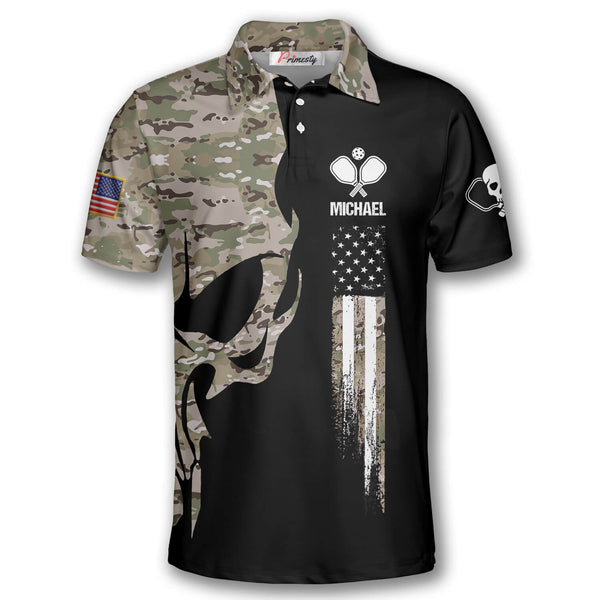 Max Corner Personalized Name and Team name Skull Camouflage American Flag Pickleball 3D Polo Shirt