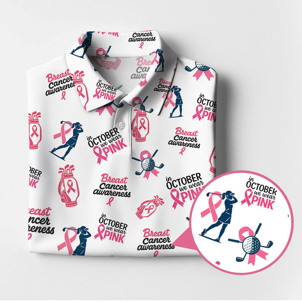Breast Cancer Golf Shirt, In October We Wear Pink Shirts, Pattern Golf Polos For Women's