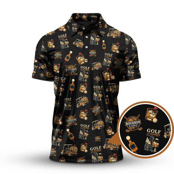 Maxcorners Funny Bourbon Pattern Polos, Golf and Bourbon Shirt for Men, Gift For Golfers