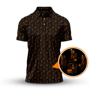 Maxcorners Halloween Skeleton Golf Shirt, Funny Pattern Golf Polos For Men, Spooky Golf Cart & Pumpkin Shirts