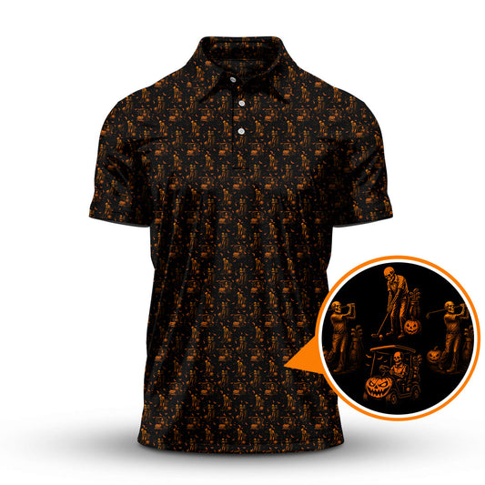 Maxcorners Halloween Skeleton Golf Shirt, Funny Pattern Golf Polos For Men, Spooky Golf Cart & Pumpkin Shirts