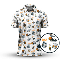 Maxcorners Golf & Whiskey Pattern Golf Polos, Funny Golf Shirt For Men, Crazy Golf Shirts For Golfers