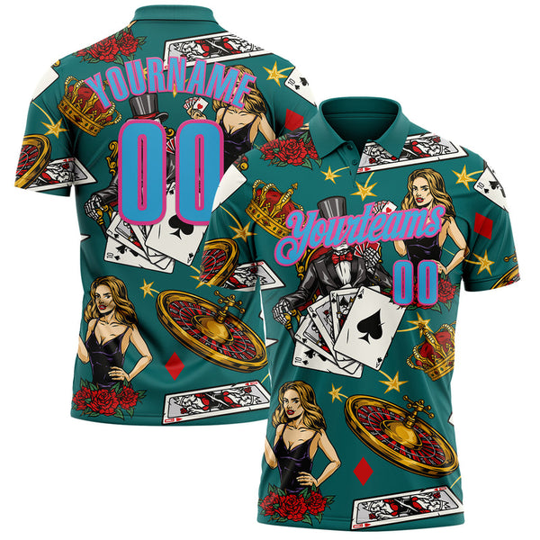 Maxcorners Custom Teal Sky Blue-Pink 3D Gambling Poker Performance Polo Shirt LM1009