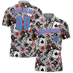 Maxcorners Custom Gray Sky Blue-Pink 3D Gambling Poker Performance Polo Shirt LM1009