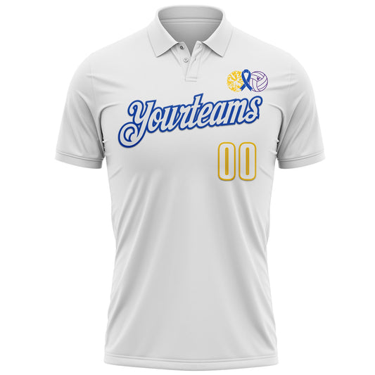 Maxcorners Custom White Yellow Thunder Blue-Purple 3D Pattern Design Dark Blue Ribbon Colorectal Cancer Awareness Colon Volleyball Performance Polo Shirt LM2605