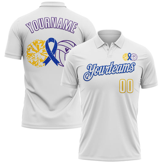 Maxcorners Custom White Yellow Thunder Blue-Purple 3D Pattern Design Dark Blue Ribbon Colorectal Cancer Awareness Colon Volleyball Performance Polo Shirt LM2605
