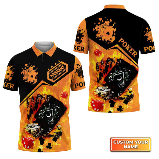 Maxcorners Poker Royal Flush On Fire Personalized Name 3D Polo Shirt Gift For Poker PlayersLM1009