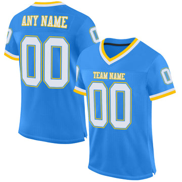 Maxcorners Custom Powder Blue White-Gold Mesh Authentic Throwback Football Jersey LM2605