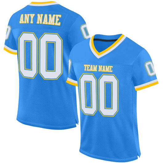 Maxcorners Custom Powder Blue White-Gold Mesh Authentic Throwback Football Jersey LM2605