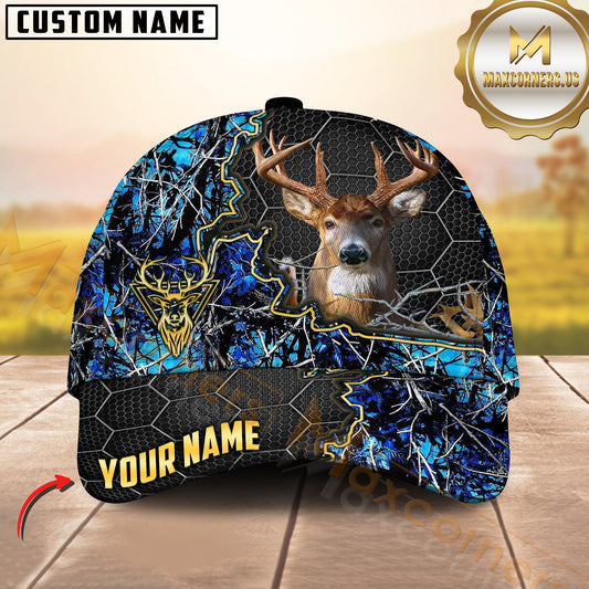 Maxcorners Hunting Whitetail Deer Honeycomb Hex Border Golden Edge Camo Custom Name 3D Cap (4 Colors)