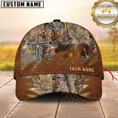 Maxcorners Deer Hunting Camo Leather Cross Rustic Pattern Personalized Name 3D Cap (6 Colors)