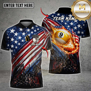 Maxcorners Billiards USA Flag Flaming 9 Ball Crown King Pool Design Personalized Name 3D Unisex Shirt