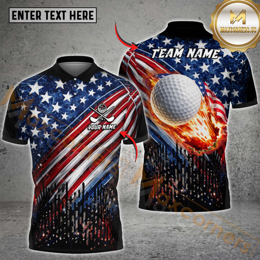 Maxcorners Golf USA Flag Flaming Golf Ball Patriotic Golfer Design Personalized Name 3D Unisex Shirt