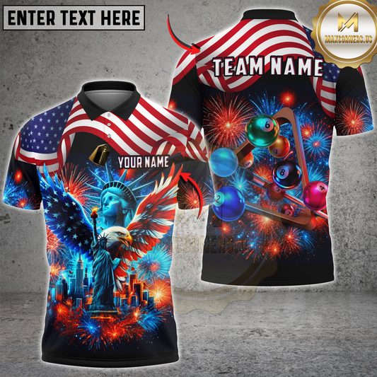Maxcorners Billiards Patriotic American Flag Statue of Liberty Eagle Fireworks Personalized Name 3D Unisex Shirt