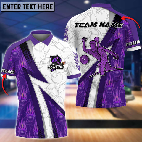 Maxcorners Purple Fire Bowling Ball And Pins Pattern Customized Name 3D Shirt