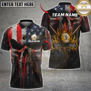 Maxcorners Billiards American Flag Skull 9 Ball Flames Design Personalized Name 3D Unisex Shirt