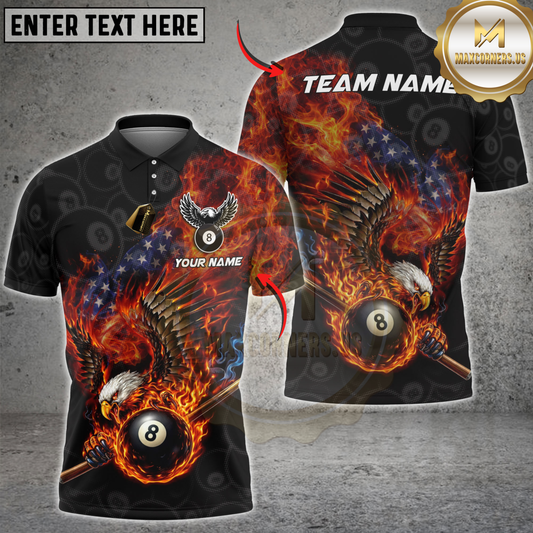 Maxcorners Billiards Patriotic Flaming Eagle 8 Ball Pool Customized Name, Team Name 3D Shirt