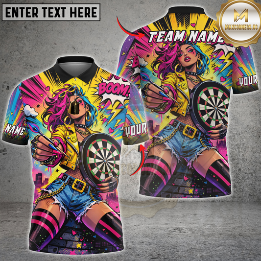 Maxcorners Pop Art Girl Dart Player Neon Comic Style Personalized Name, Team Name 3D Shirt