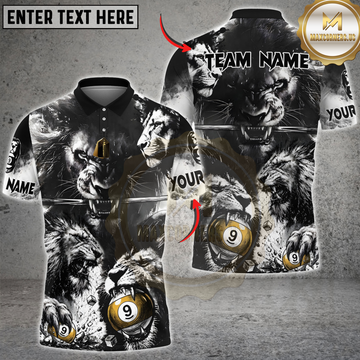 Maxcorners Black White Lion Billiard 9 Ball Gold Personalized Name, Team Name 3D Shirt