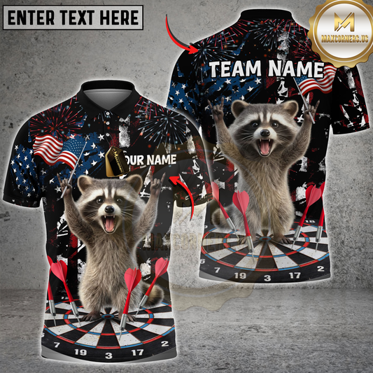 Maxcorners Darts Funny Raccoon Dartboard Fireworks American Flag Personalized Name, Team Name 3D Shirt