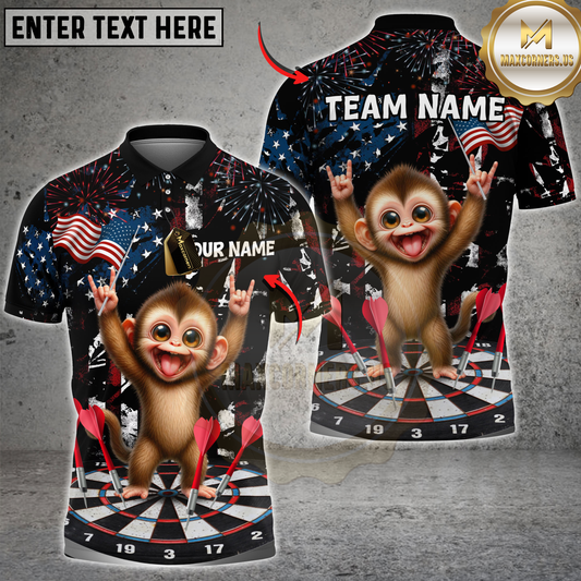Maxcorners Darts Funny Monkey Dartboard Fireworks American Flag Personalized Name, Team Name 3D Shirt