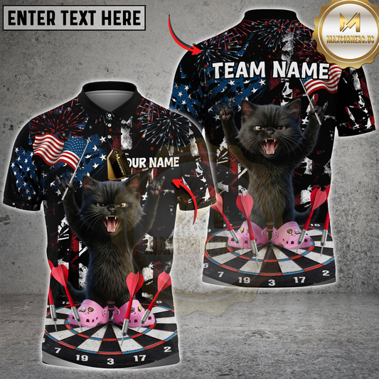 Maxcorners Darts Patriotic Black Cat Dartboard Fireworks American Flag Personalized Name, Team Name 3D Shirt