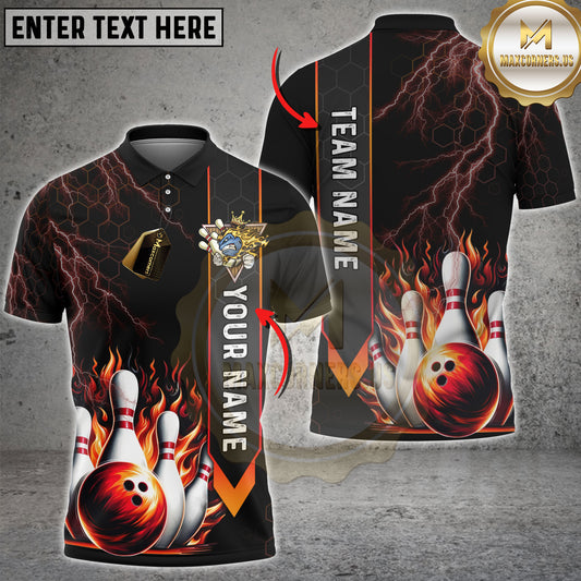 Maxcorners Bowling Strike Flame Thunder Lightning Multicolor Personalized Name, Team Name Shirt (4 Colors)