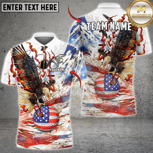 Maxcorners Golf Eagle USA Flag Golf Ball Flame Personalized Name, Team Name 3D Shirt