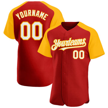 Maxcorners Custom Red White-Gold Authentic Raglan Sleeves Baseball Jersey LM2605