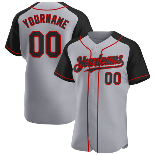 Maxcorners Custom Gray Black-Red Authentic Raglan Sleeves Baseball Jersey LM2605