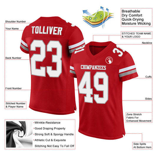 Maxcorners Custom Red White-Gray Mesh Authentic Classic Football Jersey LM2605