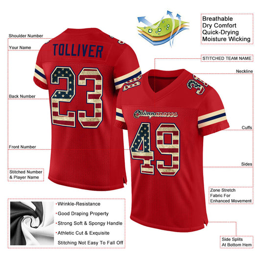 Maxcorners Custom Red Vintage USA Flag-Cream Mesh Authentic Football Jersey LM2605