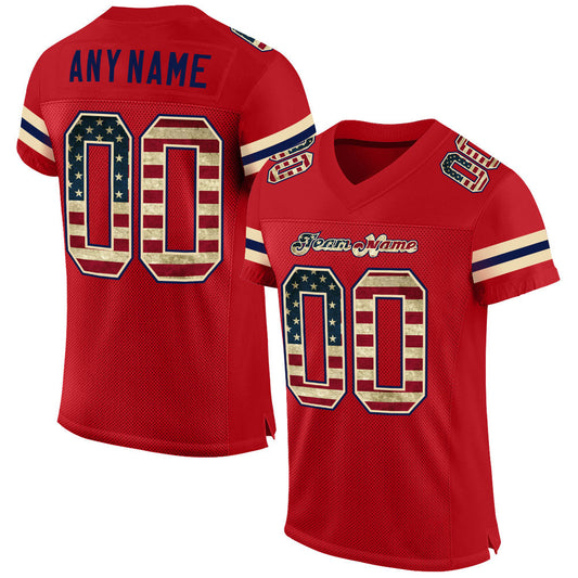 Maxcorners Custom Red Vintage USA Flag-Cream Mesh Authentic Football Jersey LM2605