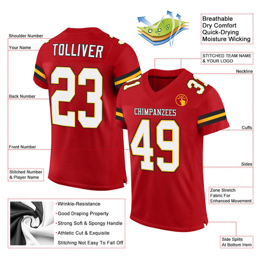 Maxcorners Custom Red White-Gold Mesh Authentic Classic Football Jersey LM2605