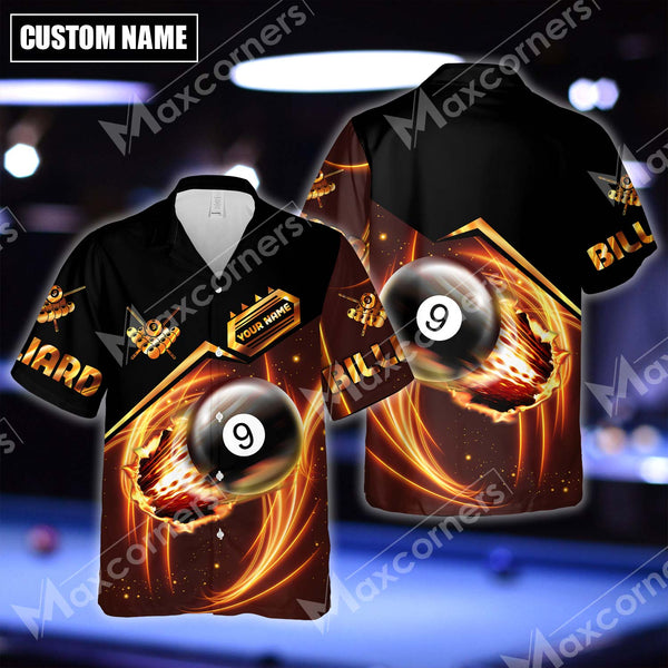 Maxcorners Billiards 9 Ball Fire Gold Pattern Personalized Name Hawaiian Shirt