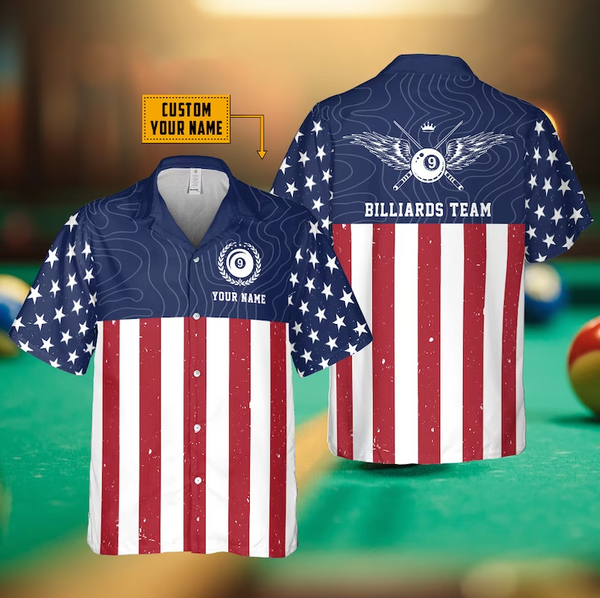 Maxcorners Personalized Billiard American Flag Hawaiian Shirt