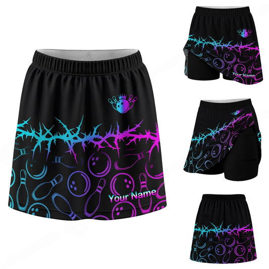 Maxcorners Customized Bowling Trouser Skirts With Shorts Underneath, Cyber Glow Bowling Pattern Skorts With Pockets