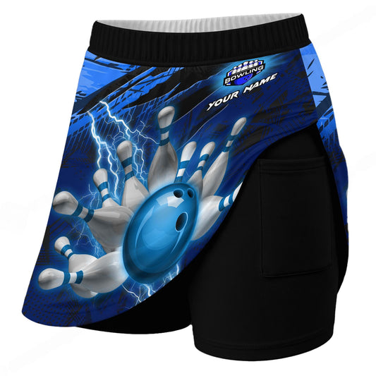 Maxcorners Customized Bowling Trouser Skirts With Shorts Underneath, Bowling And Pins Thunder Break Multicolor Skorts With Pockets