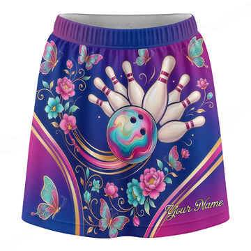 Maxcorners Customized Bowling Trouser Skirts With Shorts Underneath, Bowling Floral Butterfly Ball Skorts With Pockets