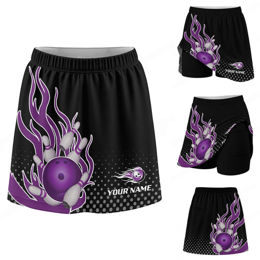 Maxcorners Customized Bowling Trouser Skirts With Shorts Underneath, Bowling Purple Flame Skorts With Pockets