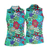 Maxcorners Blue Green Retro Flower Power Golf Shirt, Women’s Golf Polo, Hawaiian Golf Shirt, Golf Tops For Women LM1507