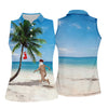 Maxcorners Funny Santa Running On Tropical Beach Christmas Golf Shirt, Women's Golf Tops, Golf Shirts For Women LM1507